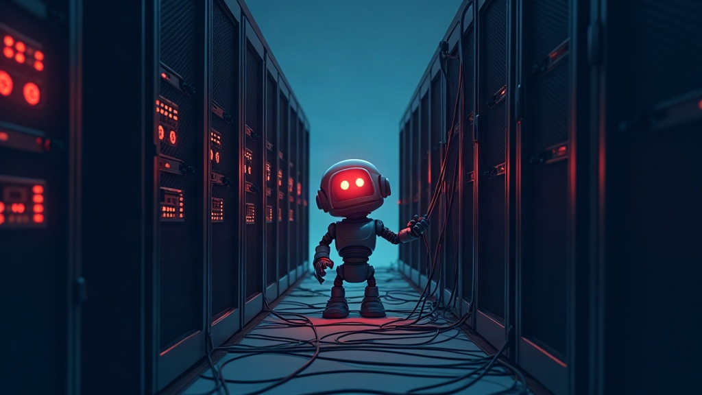 Áramköri fejű kis robot kábeleket húz ki egy sötét szerverteremben, piros figyelmeztető fények között.