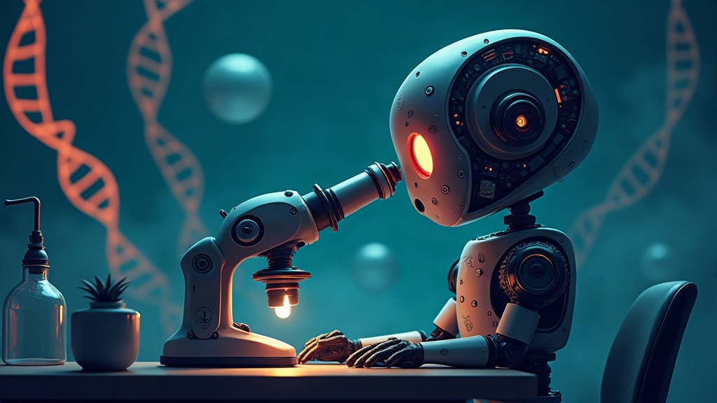 Áramköri fejű kis robot mikroszkópba néz egy sötét laborban, a háttérben világító DNS-spirálok.