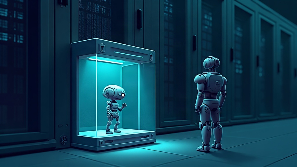 Egy kis robot világító üvegketrecben áll egy sötét szerverteremben, kívülről egy nagyobb őrrobot figyeli.