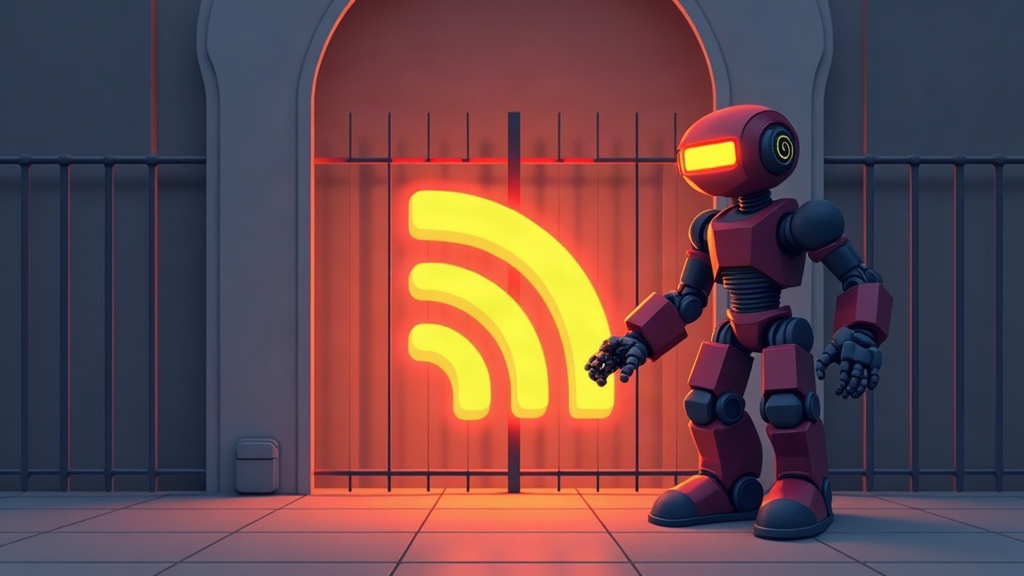 Egy narancssárga RSS-jel egy kapu mögött, mellette egy robot, ami lezárja.