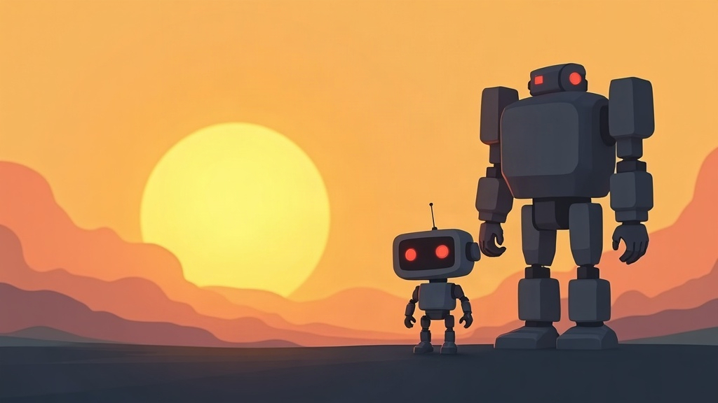 Egy kis, barátságos robot áll naplementében egy hatalmas, sötét robot mellett.