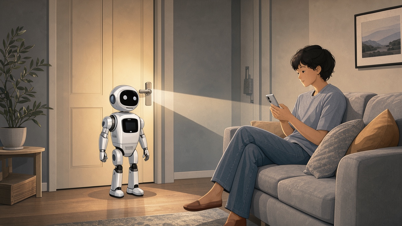 Egy kis robot a bejárati ajtónál vár, a kanapén ülő ember a telefonján hagyja jóvá a belépést
