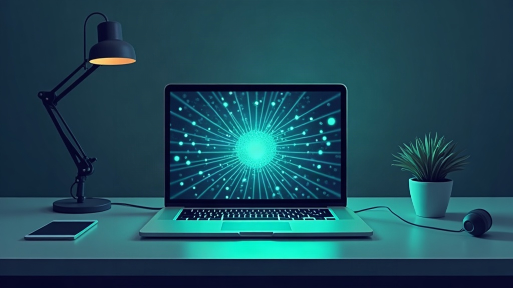 Nyitott laptop egy íróasztalon, a képernyőjén neurális hálót idéző fénylő ábra